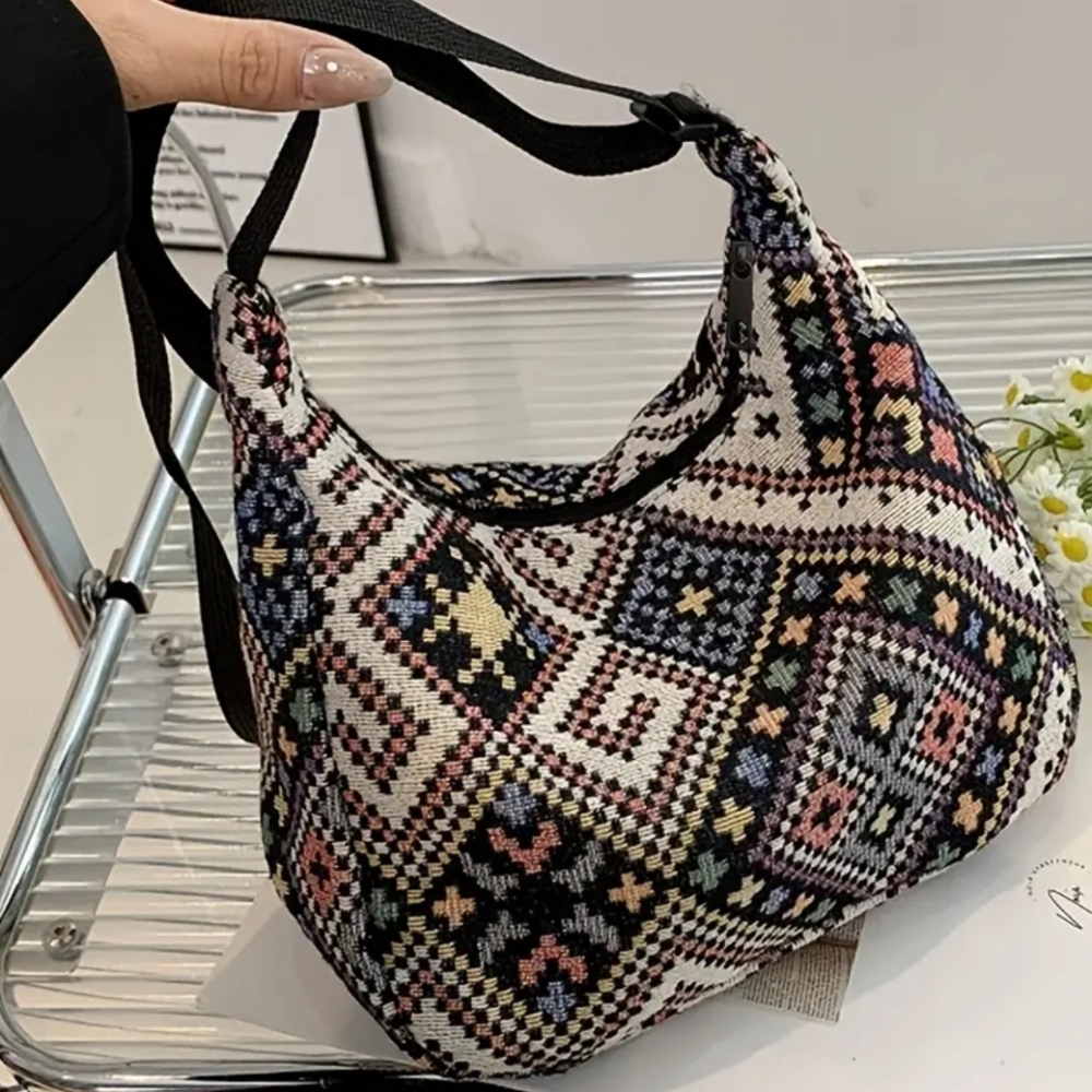 Multicolor Geometric Patterned Women's Shoulder Bag Adjustable Strap Hobo Purse‎